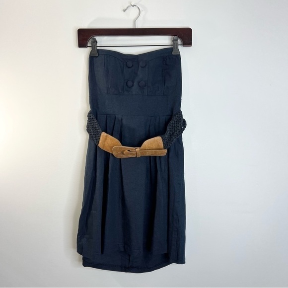 Simons navy blue linen blend belted strapless mini dress M - Picture 4 of 10